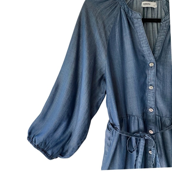 NWT | BOHO CHAMBRAY BLUE BUTTON UP DRESS RUFFLE HEM BALLOON SLEEVE | SIZE: SMALL - Picture 4 of 10